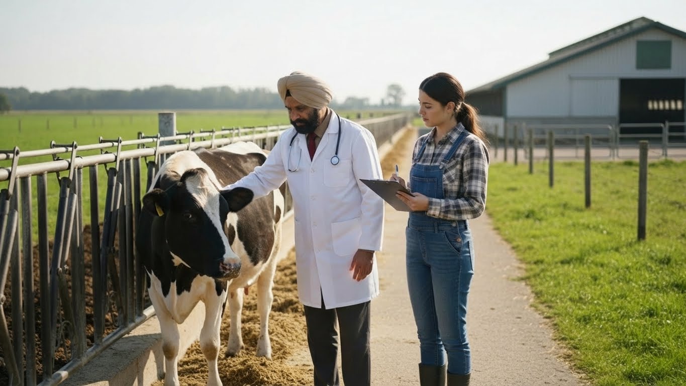Vet gently petting cow while woman records notes on farm