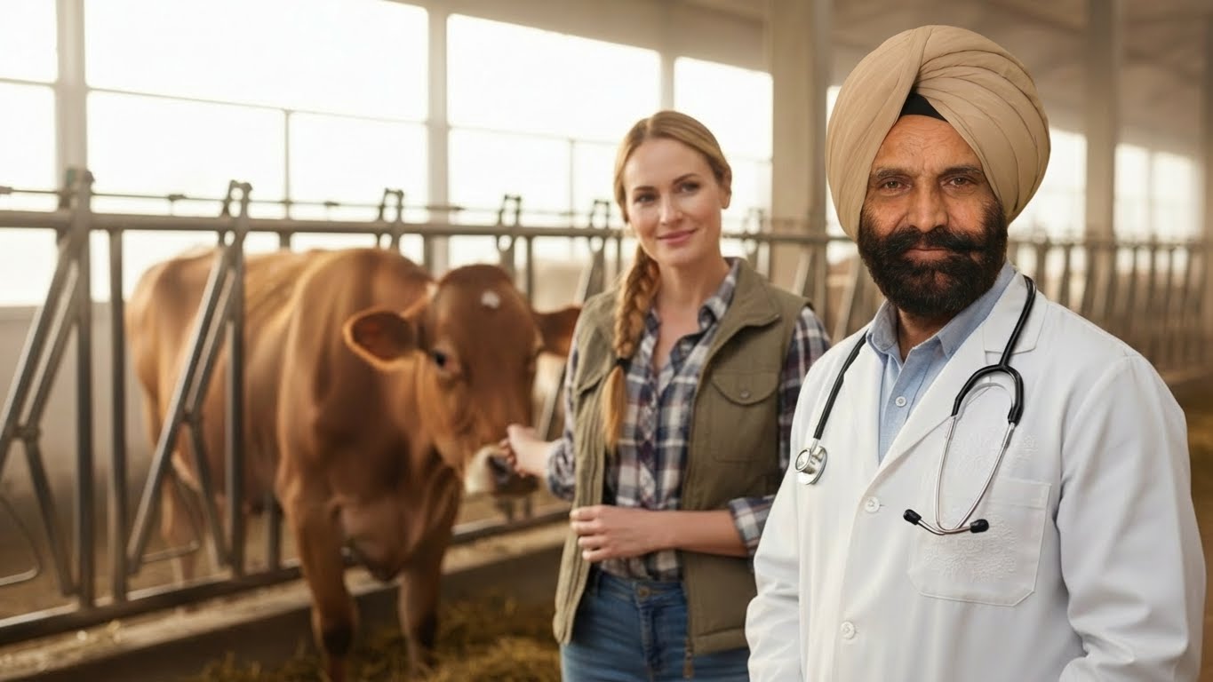Veterinarian with stethoscope and woman with cow in barn