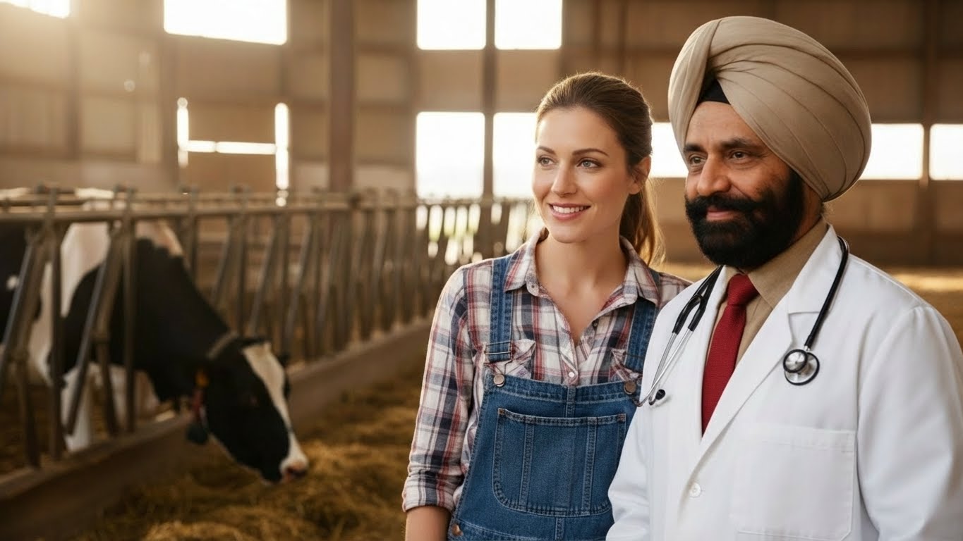 Vet and farmer inside a barn with cows